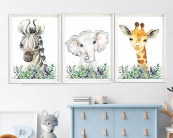 Safari Animal Nursery Prints: Elephant, Giraffe, Lion Set