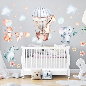 Watercolor Safari Nursery Wall Decals: Giraffe Hot Air Balloon Decor