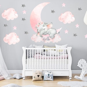 Watercolor Elephant Wall Decal: Sleeping on Moon, Nursery Decor