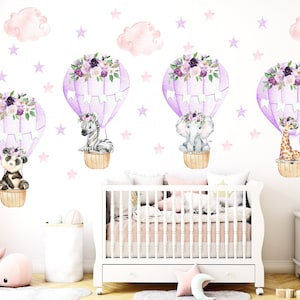 Hot air balloon decal, girls watercolor safari hot air balloon nursery decal, baby room balloon decor, jungle nursery wall sticker  87