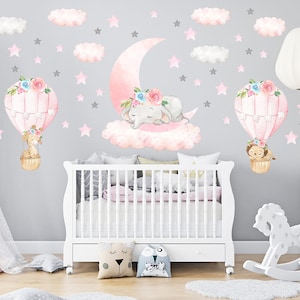 Watercolor Elephant Nursery Decal: Safari Animals, Hot Air Balloons
