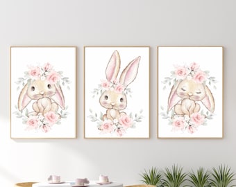 Bunny Nursery Print Set: Pink Floral Rabbit Wall Art