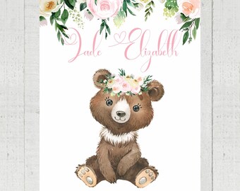 Floral Watercolor Bear Baby Blanket: Personalized Girl Nursery Decor