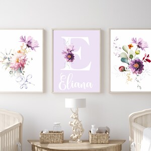 Purple Floral Nursery Decor: Custom Name Prints, Lavender Boho Set