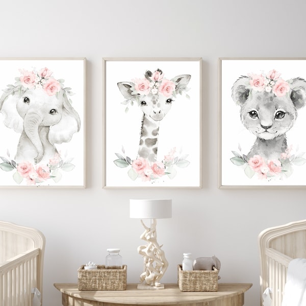 Girl nursery decor,  baby girl room decor, safari floral animal nursery girl prints, baby nursery print, jungle nursery, giraffe lion - 527