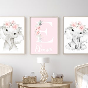 Floral Elephant Nursery Prints: Girl Room Decor, Set of 3