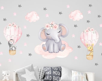 Elephant nursery decal, hot air balloon wall decal, elephant wall decor, elephant decal, baby room decor, elephant girl nursery decal - 74