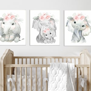 Floral Elephant Nursery Prints: Mommy and Me Decor, Set of 3