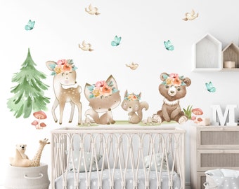 Watercolor Woodland Nursery Wall Decal: Forest Animals, Tree - 197