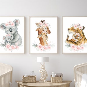 Kwiatowe safari do pokoju dziecięcego: Koala, tygrys, żyrafa – grafika ścienna