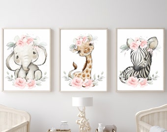 Safari Animal Nursery Prints: Blush Pink Floral Decor, Set of 3