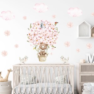 Watercolor Bear Hot Air Balloon Wall Decal: Floral Nursery Decor