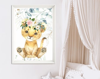 Lion Nursery Print: Floral Crown Safari Decor
