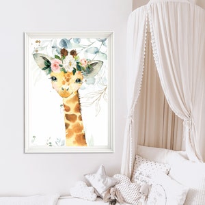 Giraffe Nursery Print: Floral Crown, Safari Animal Art