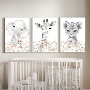 Watercolor Safari Animal Nursery Prints: Elephant, Giraffe, Lion