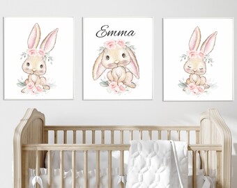 Floral Bunny Nursery Print Set: Girl's Room Decor