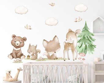 Watercolor Woodland Nursery Wall Decal: Forest Animals, Tree