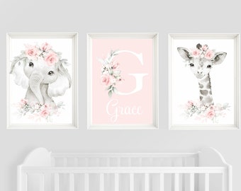 花柄サファリ動物保育園プリント：女の子の部屋の装飾、3枚セット - 249