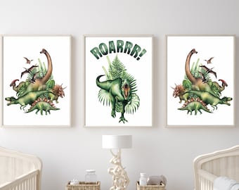 Gravuras de Dinossauros para Berçário: Arte de Parede em Aquarela com T-Rex