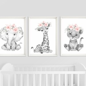 Set of 3 jungle prints - elephant, lion, giraffe nursery wall decor, safari animal prints, elephant, giraffe, lion prints, girl nursery- 419