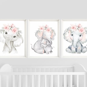 Floral Elephant Nursery Prints: Set of 3 Girl&#39;s Room Wall Art