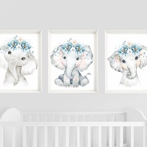 Floral Elephant Nursery Prints: Girl Room Decor, Set of 3