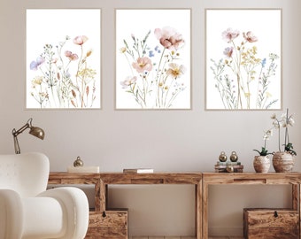 Set of 3 Boho Wildflower Prints, Watercolor Botanical, Floral Wall Art ...