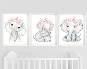 Set of 3 elephant prints, nursery decor girl floral, elephant nursery wall decor, elephant nursery wall art, elephant room decor - 257