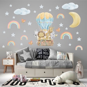 Hot air balloon nursery wall decal with safari animals, nursery wall art, baby room decor, hot air balloon, animal nursery wall sticker - 66