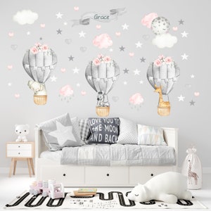 Hot air balloons nursery wall decal, watercolor hot air balloon safari nursery decal, baby room decor, jungle nursery wall sticker - 56