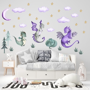 Dragon nursery wall decal, dragon wall stickers, purple nursery, dragon nursery decor, nursery wall decal, baby room dragon decor   - 156