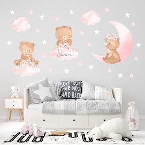 Watercolor Teddy Bear Wall Decal: Nursery Decor, Stars & Moon