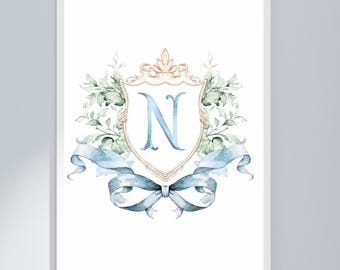 Impressão artística de monograma de brasão em aquarela: decoração de berçário para menino grandmillennial