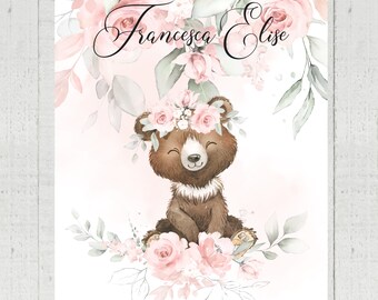 Girl Bear Baby Blanket: Pink Floral Watercolor Nursery Decor