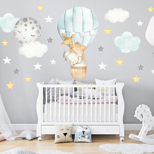Hot air balloon decal, boys watercolor safari hot air balloon nursery decal, baby room balloon decor, jungle nursery wall sticker  27