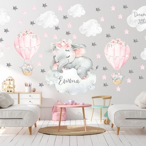 Elephant hot air balloon decal, nursery elephant wall decor, elephant decal, baby room decor, sleeping elephant decal, safari wall art - 142