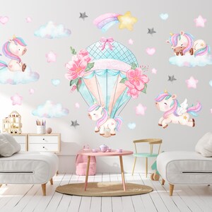 Watercolor Unicorn Hot Air Balloon Nursery Wall Decals
