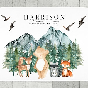 Adventure personalized blanket, woodland boy blanket, forest decor, woodland theme adventure awaits, baby shower gift, woodland animals -516