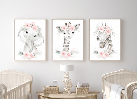 Safari Animal Nursery Prints: Floral Giraffe, Zebra, Elephant
