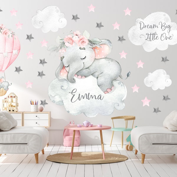 Nursery elephant decal with hot air balloons, nursery elephant wall decor, elephant decal, baby room decor, sleeping elephant decal - 70