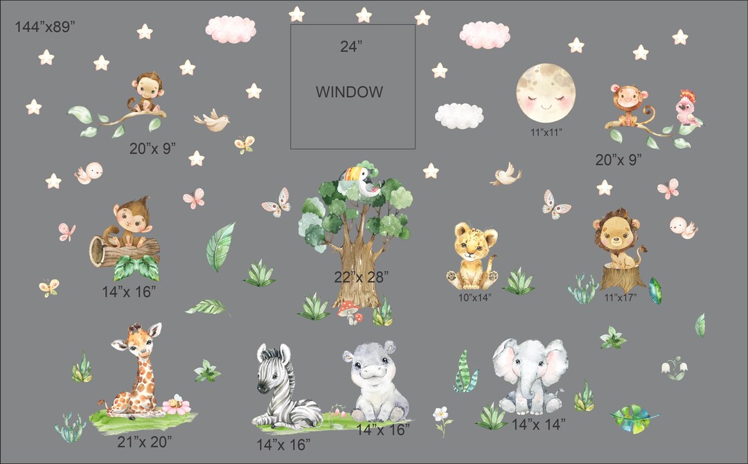 Reusable Fabric Decal With Jungle Animals, Nursery Safari Sticker ...
