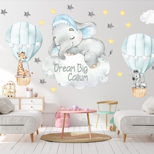 Elephant hot air balloon wall decal, safari hot air balloon decal, elephant sticker wall decor, baby room decal, giraffe wall decor -116