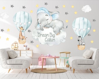 Elephant hot air balloon wall decal, safari hot air balloon decal, elephant sticker wall decor, baby room decal, giraffe wall decor -116