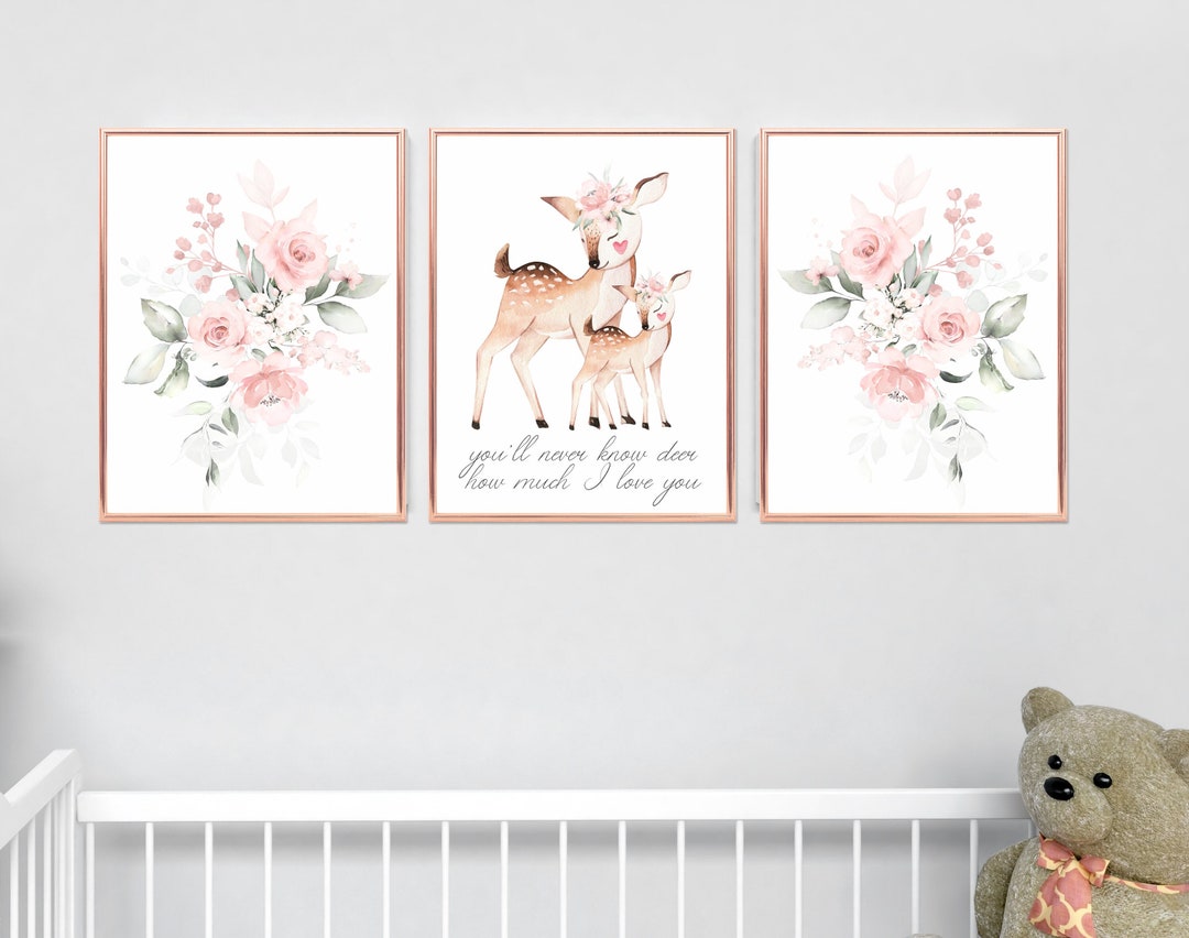 Nursery Girl Decor Deer, Nursery Wall Art Girl, Floral Girl Nursery