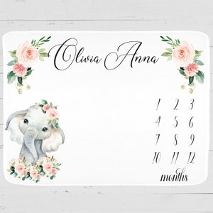 Elephant Baby Month by Month Blanket Baby Age Blanket Personalized Baby Blanket Girl Milestone Blanket Personalized Monthly Blanket - 302