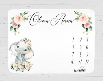Personalized Elephant Milestone Blanket: Floral Monthly Baby Blanket