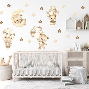 Watercolor Teddy Bear Wall Decal: Hot Air Balloons, Moon, Stars