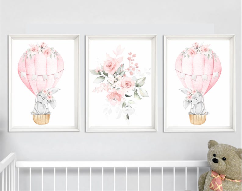 Bunny Hot Air Balloon Nursery Print Set: Pink & Gray Wall Art - Etsy