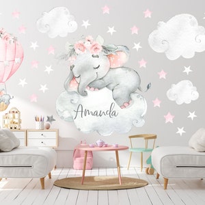 Watercolor Elephant Nursery Decal: Sleeping Elephant, Hot Air Balloon, Stars