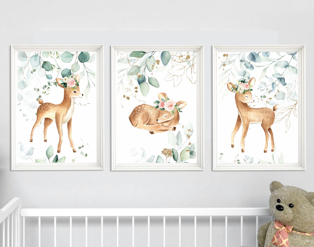 Nursery Girl Decor Deer, Nursery Wall Art Girl, Floral Girl Nursery Decor, Girl Floral Room